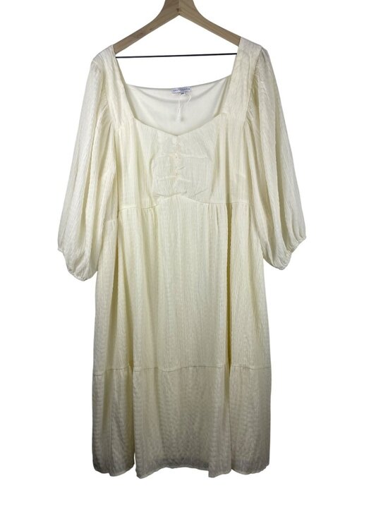 Baltic Born Dresses & Skirts - Baltic Born Cream Textured Midi Dress 3XL With Balloon Sleeves Square Neckline